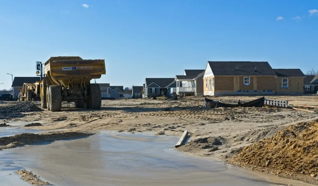 Residential houses under construction with a dump truck on a development site